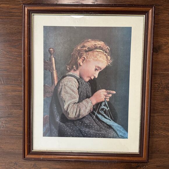 Vintage Albert Anker Girl Knitting Print Framed Wood Rectangular Wall Decoration - Picture 1 of 8